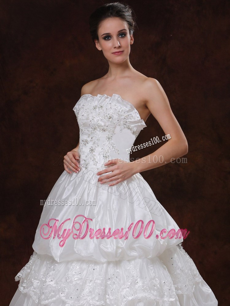 Appliques and Ruffles Accent Chapel Train Wedding Dresses Strapless