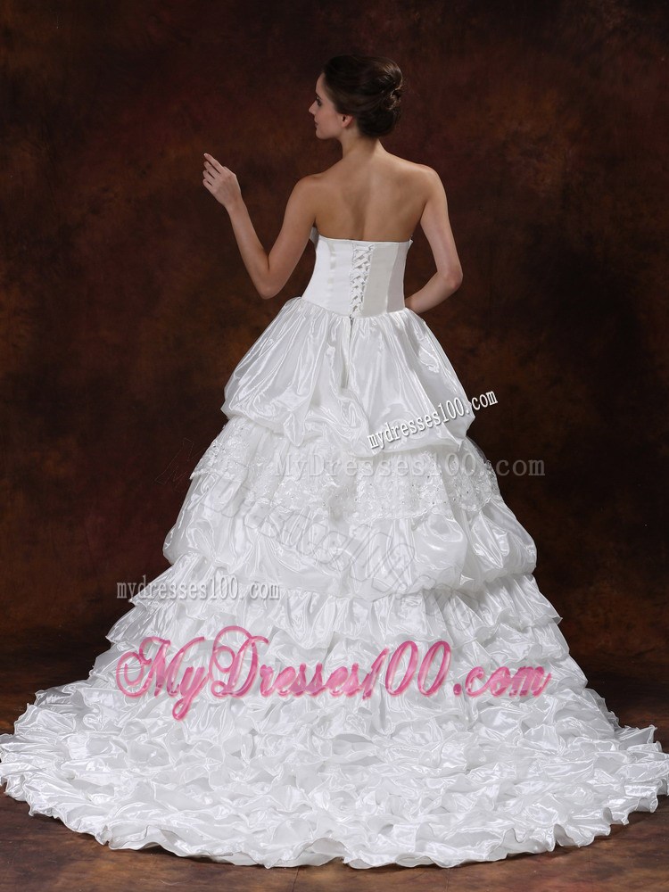 Appliques and Ruffles Accent Chapel Train Wedding Dresses Strapless