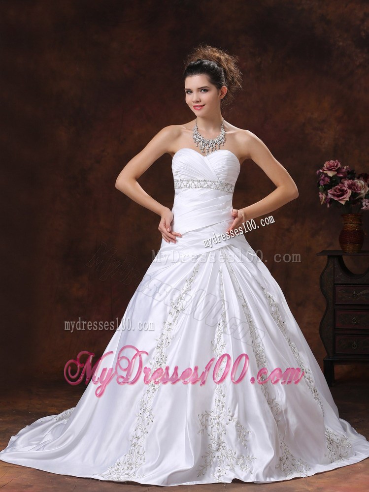 Ruche Diamonds and Embroideries Decorated Sweep train Dress for Wedding