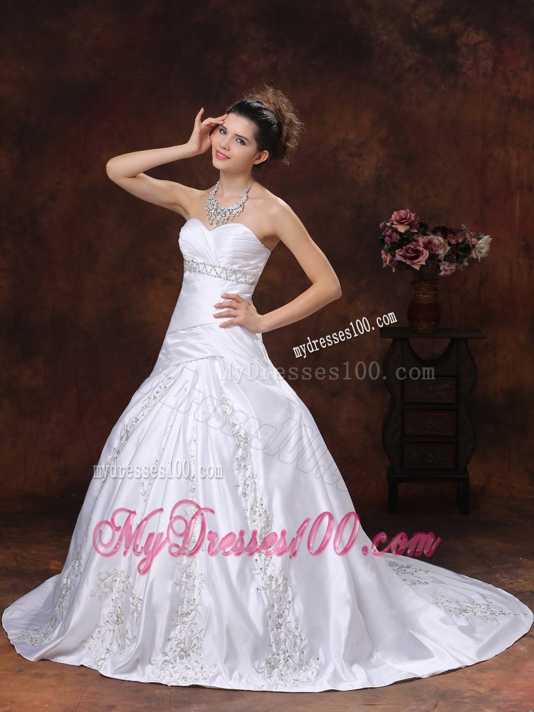 Ruche Diamonds and Embroideries Decorated Sweep train Dress for Wedding