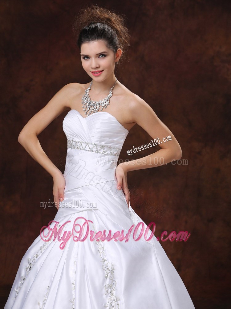 Ruche Diamonds and Embroideries Decorated Sweep train Dress for Wedding