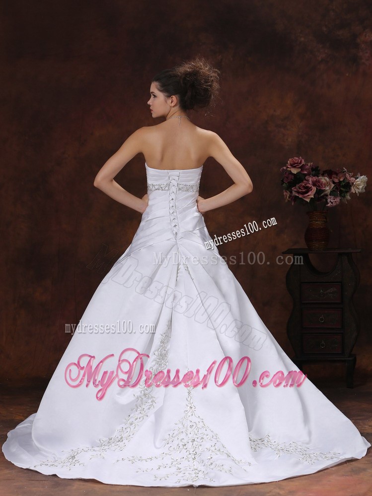 Ruche Diamonds and Embroideries Decorated Sweep train Dress for Wedding