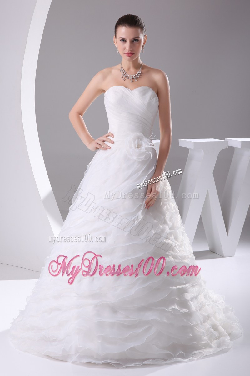 Ruching and Tiers Court Train Dresses for Wedding with Feather Handle Flowers