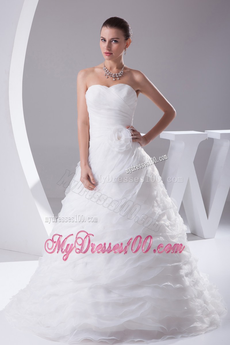 Ruching and Tiers Court Train Dresses for Wedding with Feather Handle Flowers