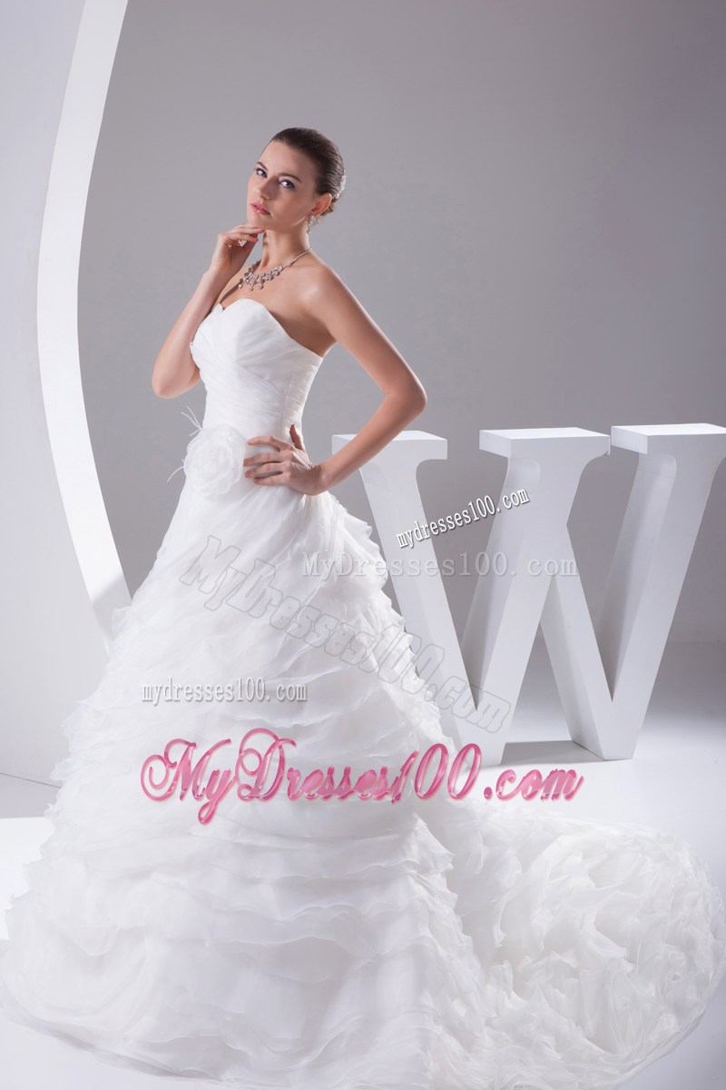 Ruching and Tiers Court Train Dresses for Wedding with Feather Handle Flowers