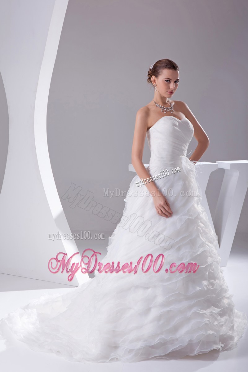 Ruching and Tiers Court Train Dresses for Wedding with Feather Handle Flowers