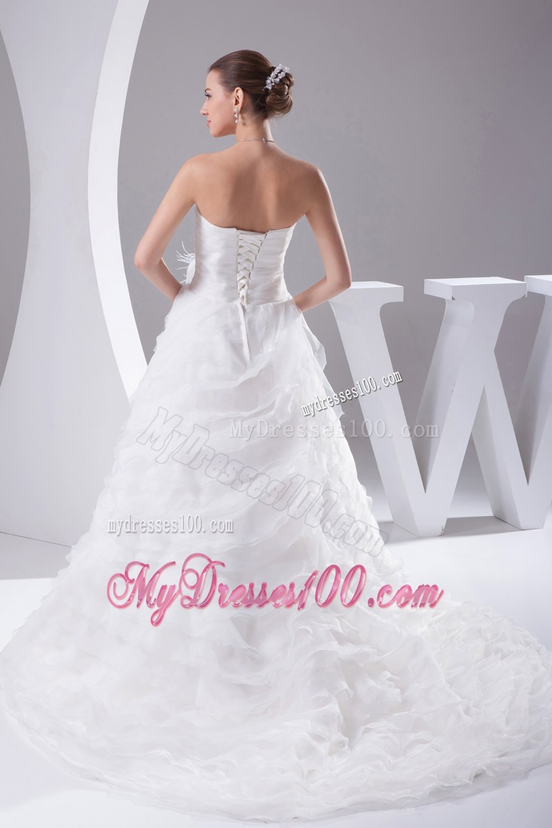 Ruching and Tiers Court Train Dresses for Wedding with Feather Handle Flowers