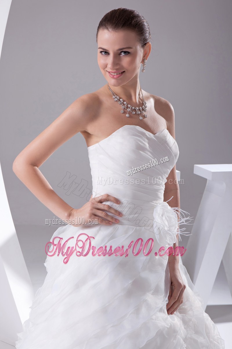 Ruching and Tiers Court Train Dresses for Wedding with Feather Handle Flowers