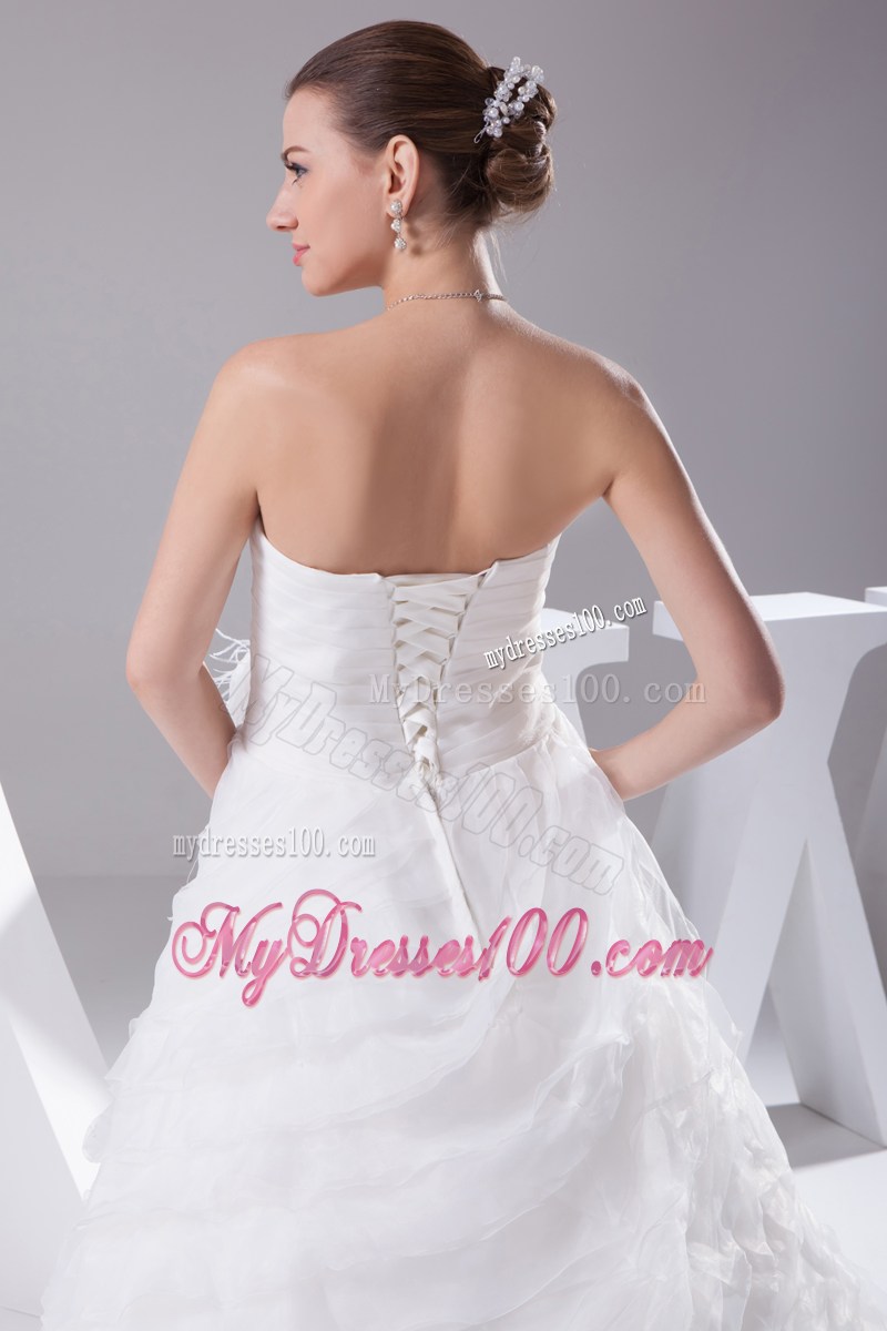 Ruching and Tiers Court Train Dresses for Wedding with Feather Handle Flowers