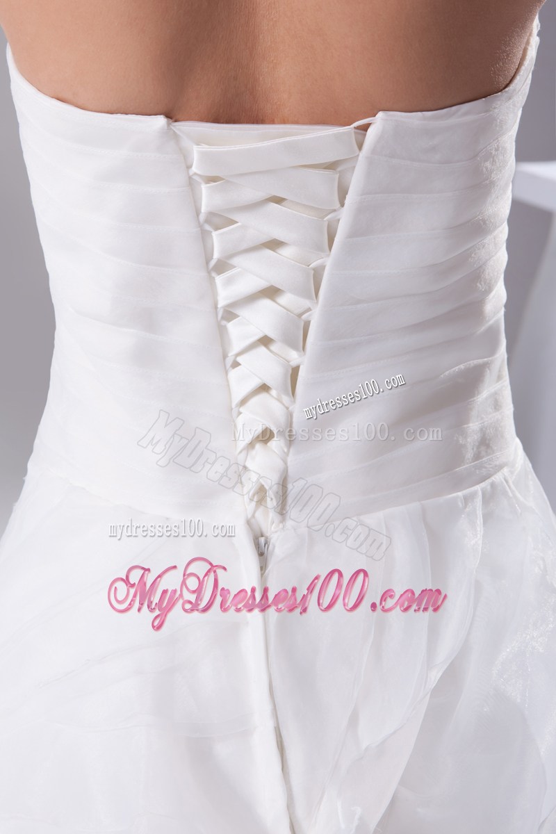 Ruching and Tiers Court Train Dresses for Wedding with Feather Handle Flowers