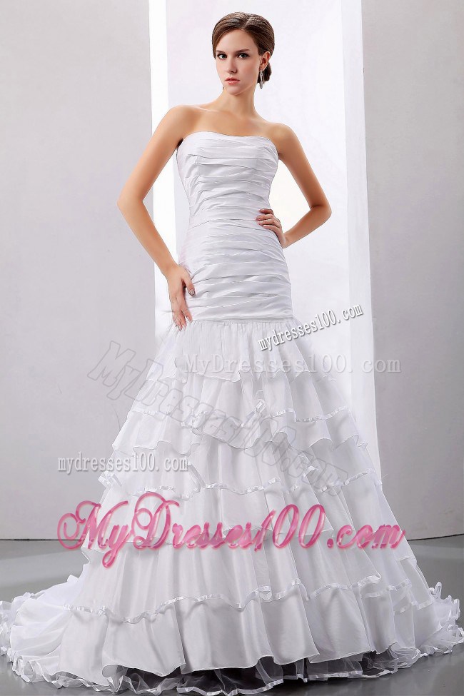 Fashionable Strapless Mermaid Ruched Layers Brush Train Dresses for Brides