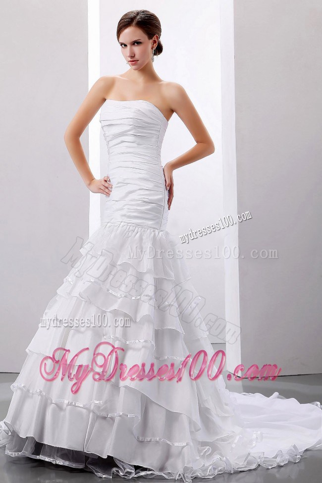 Fashionable Strapless Mermaid Ruched Layers Brush Train Dresses for Brides