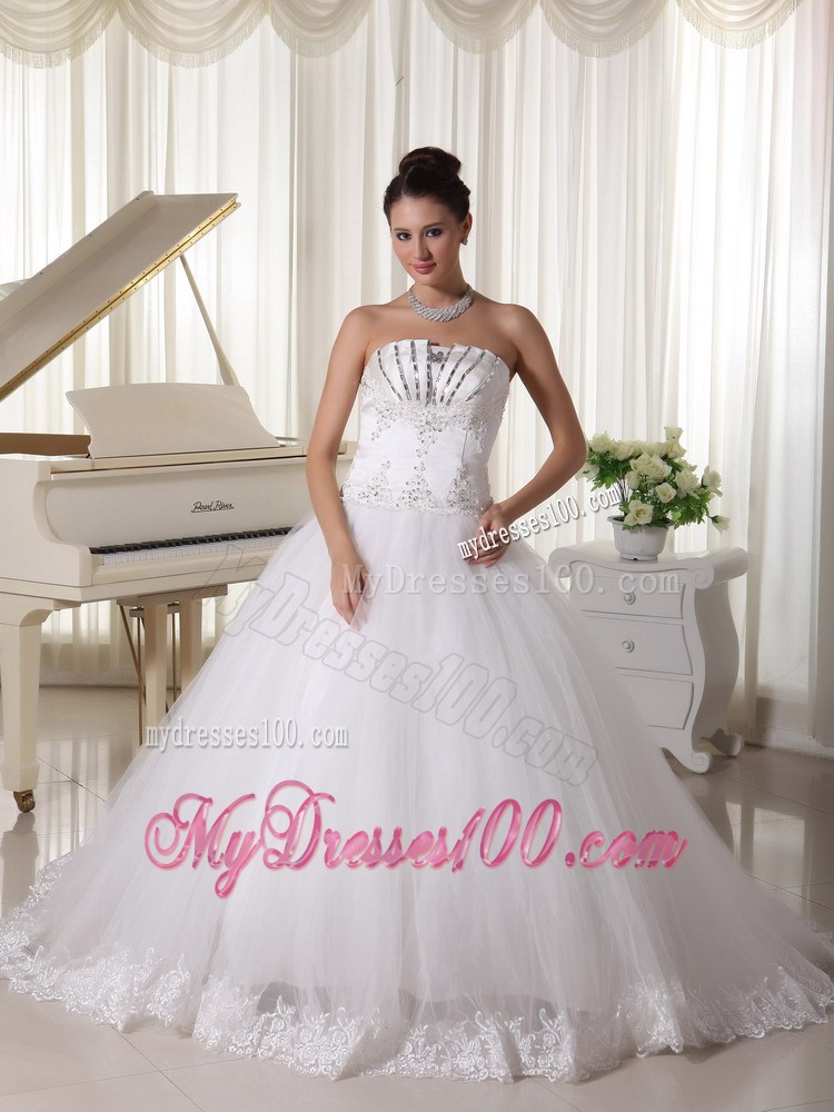 Beading and Bowknot Decorate Sweep Train Tulle Wedding Dresses