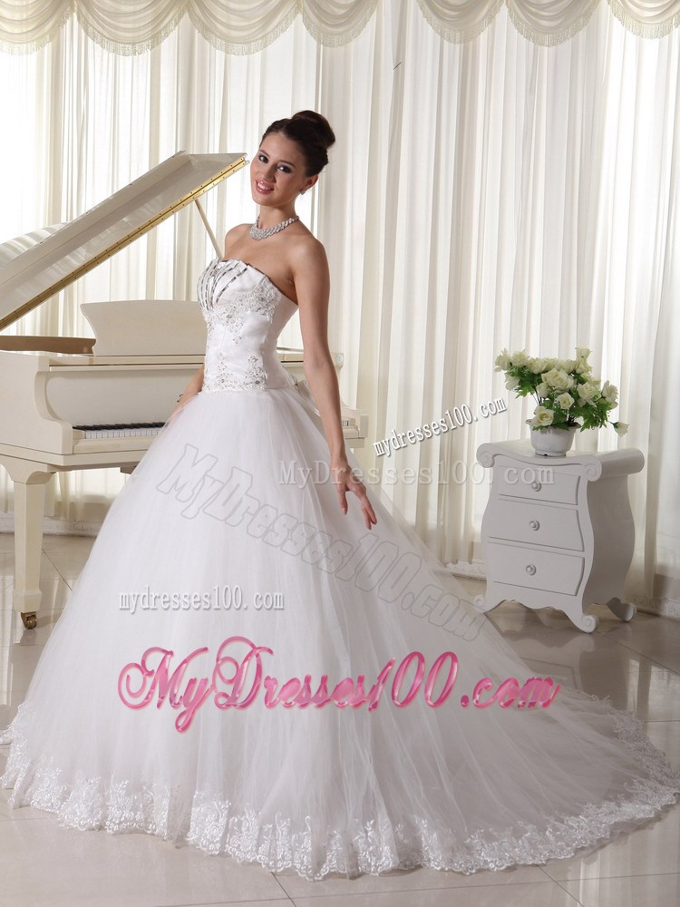 Beading and Bowknot Decorate Sweep Train Tulle Wedding Dresses