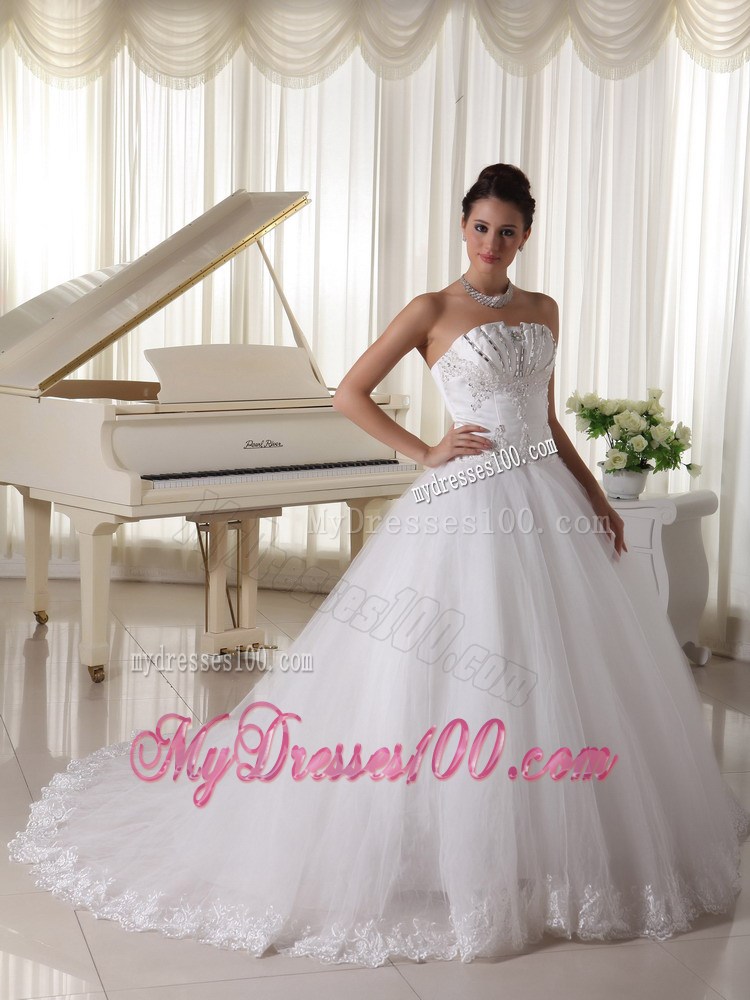 Beading and Bowknot Decorate Sweep Train Tulle Wedding Dresses