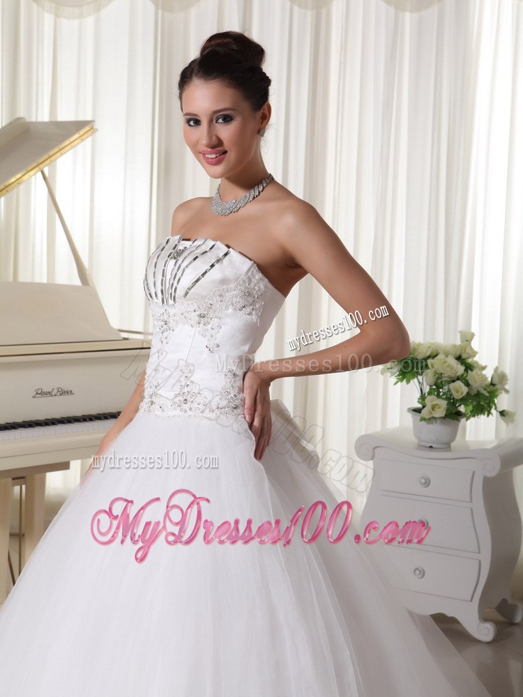 Beading and Bowknot Decorate Sweep Train Tulle Wedding Dresses