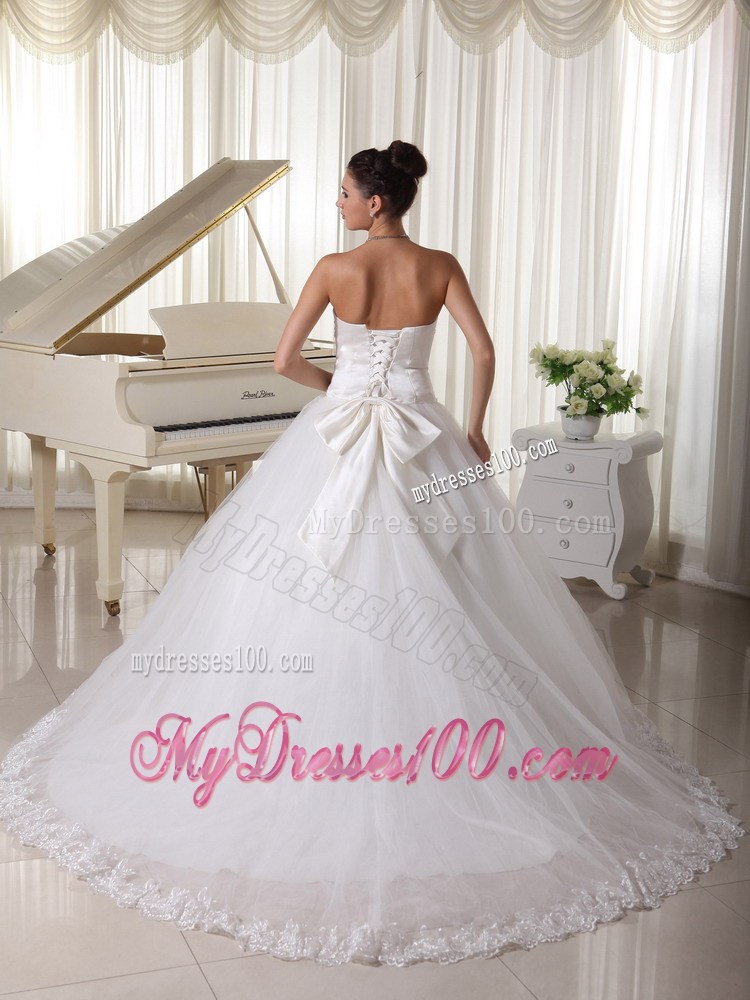 Beading and Bowknot Decorate Sweep Train Tulle Wedding Dresses