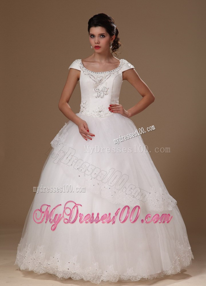 Appliques and Short Sleeves Floor-length Tulle Wedding Dresses