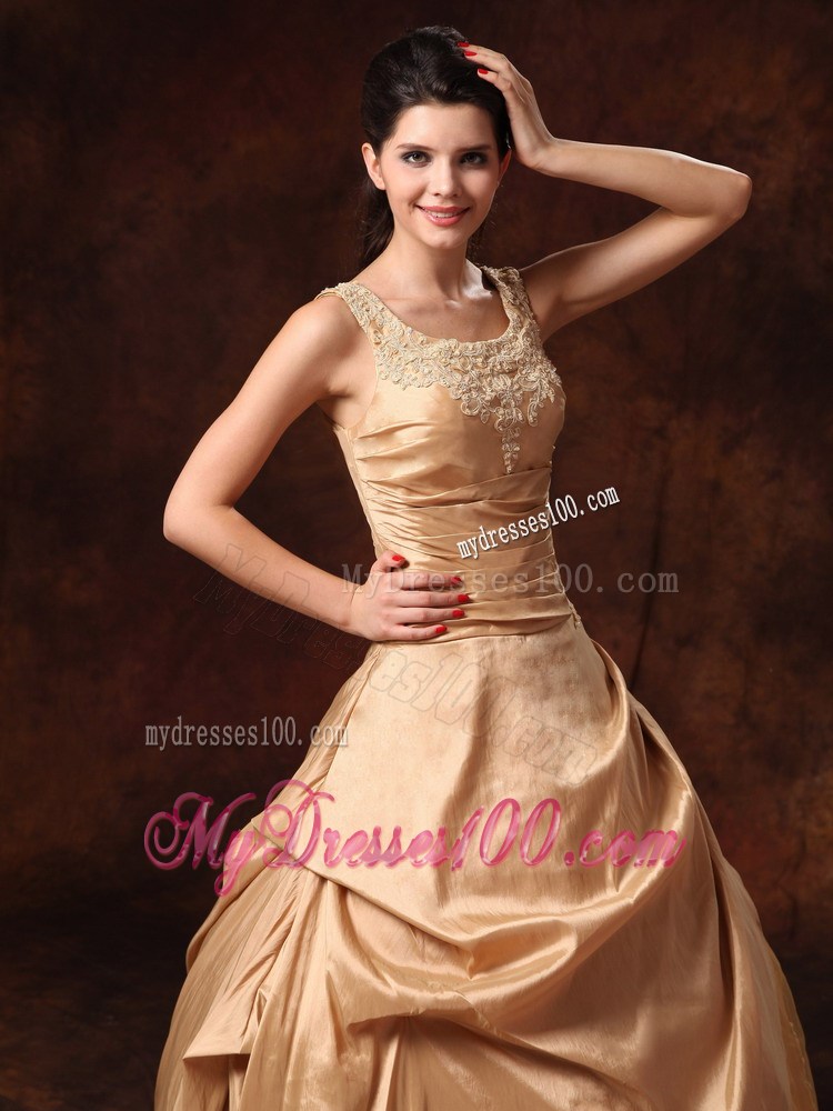 Wide Straps Ruching Appliques and Pick-ups Wedding Dresses in Champagne