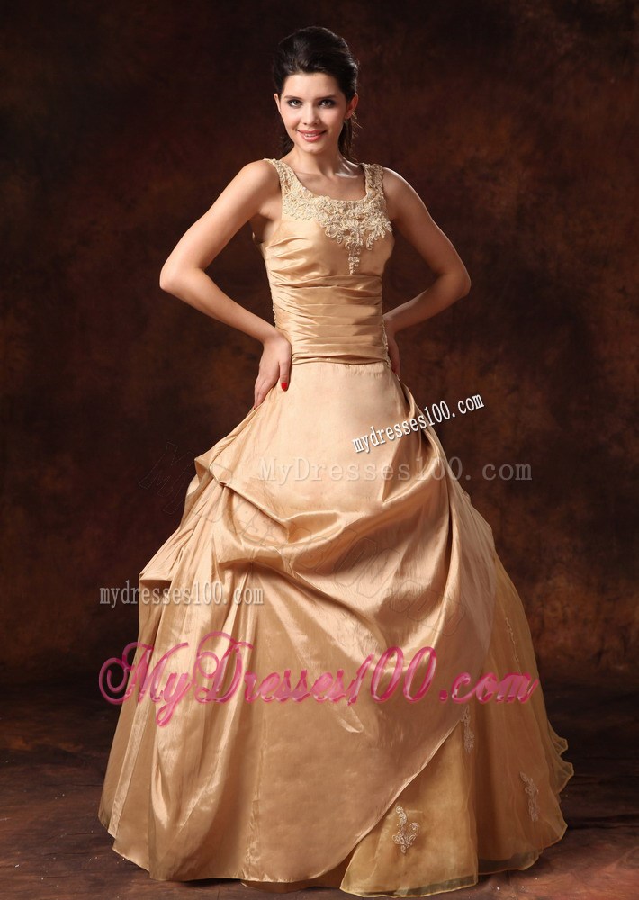 Wide Straps Ruching Appliques and Pick-ups Wedding Dresses in Champagne