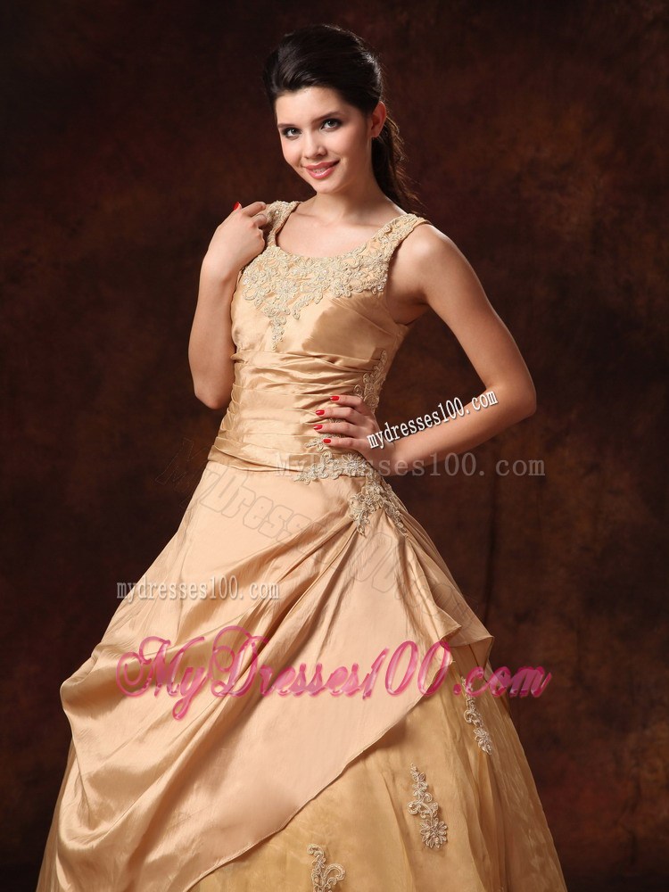 Wide Straps Ruching Appliques and Pick-ups Wedding Dresses in Champagne