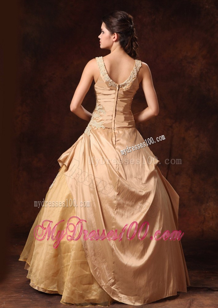 Wide Straps Ruching Appliques and Pick-ups Wedding Dresses in Champagne