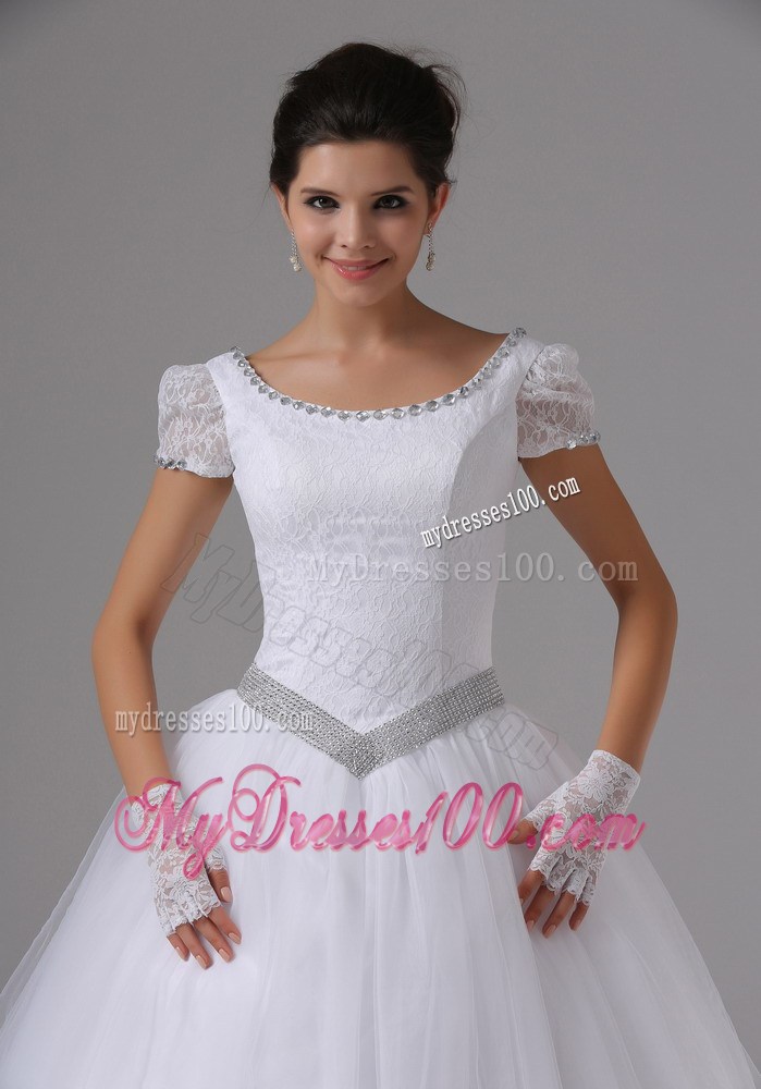 Jewelry Lace Short Sleeves Dress for Brides with Beaded Sash and Bowknot Back