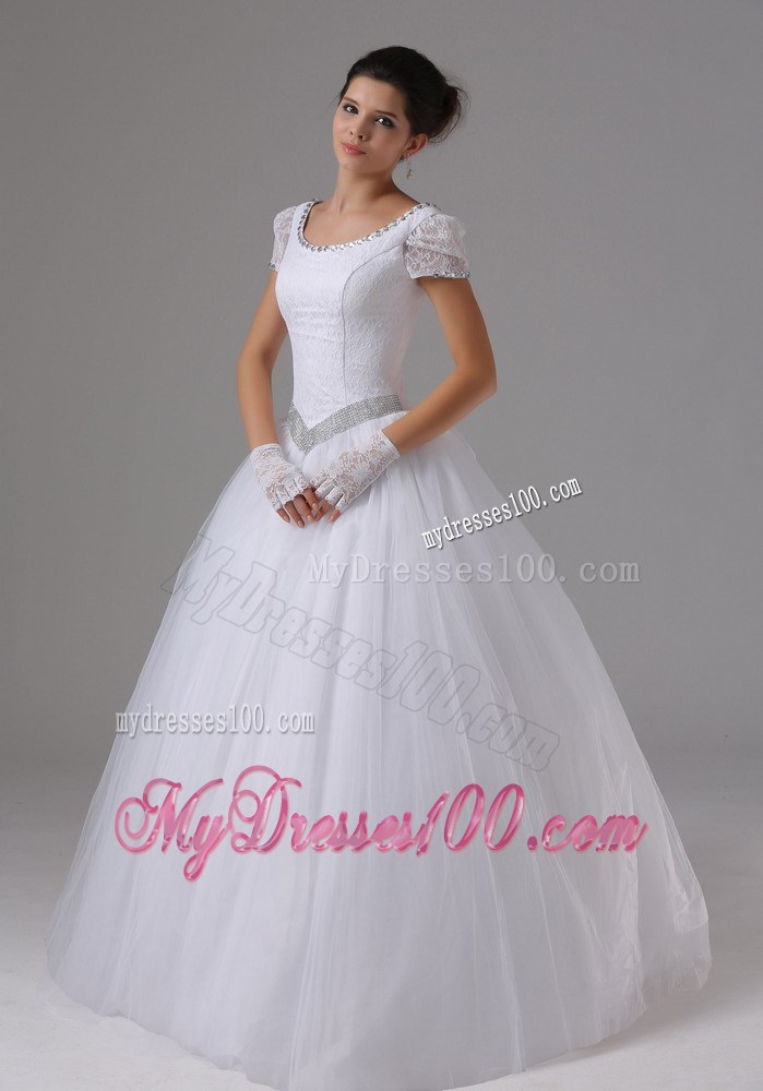 Jewelry Lace Short Sleeves Dress for Brides with Beaded Sash and Bowknot Back