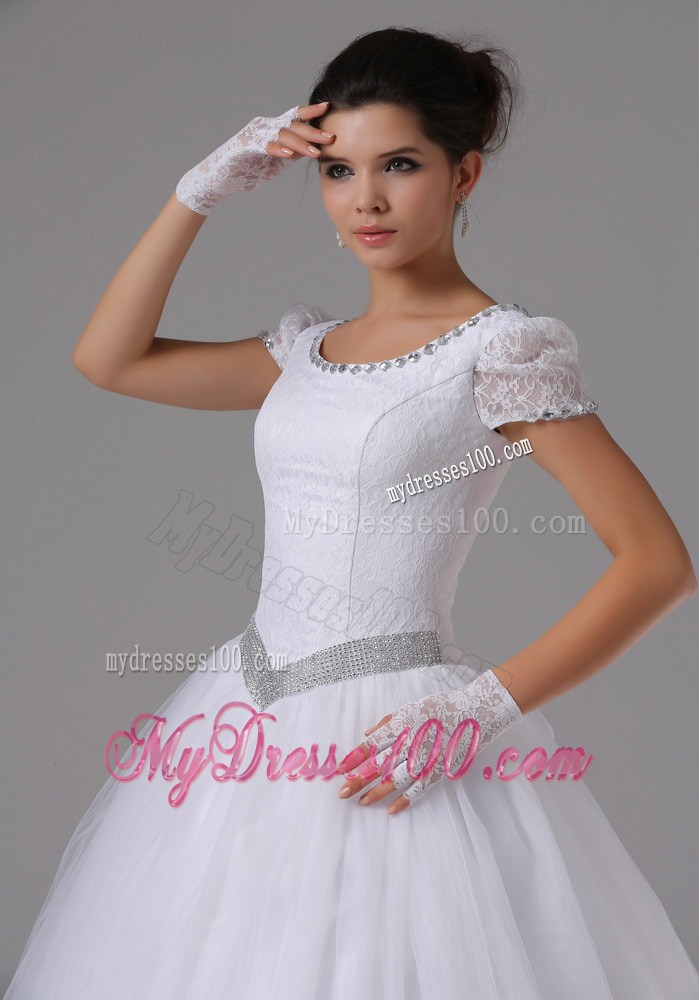 Jewelry Lace Short Sleeves Dress for Brides with Beaded Sash and Bowknot Back