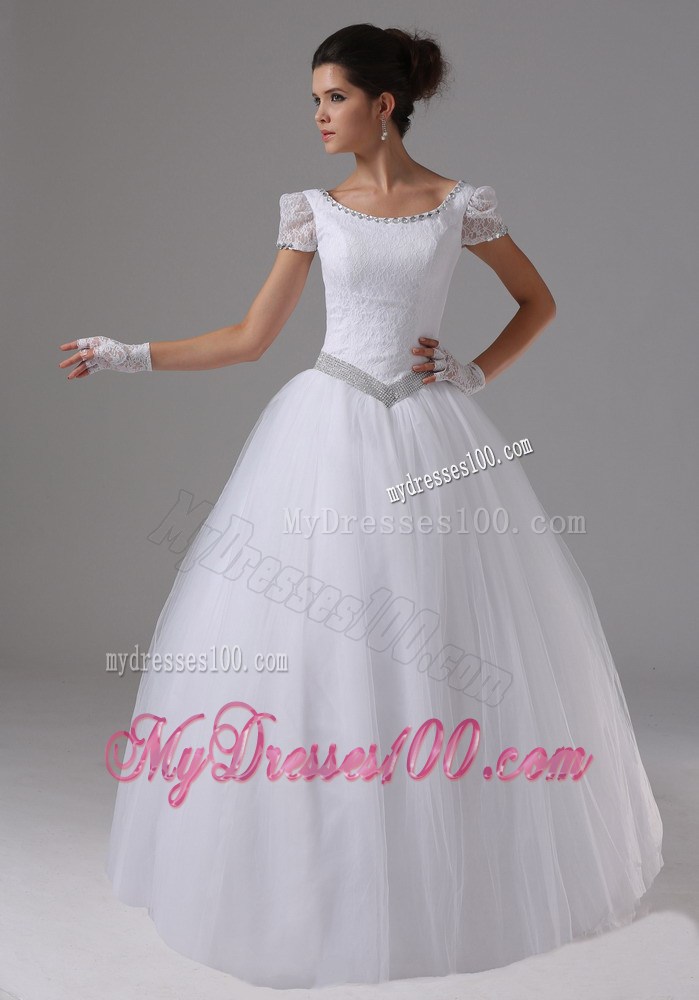 Jewelry Lace Short Sleeves Dress for Brides with Beaded Sash and Bowknot Back