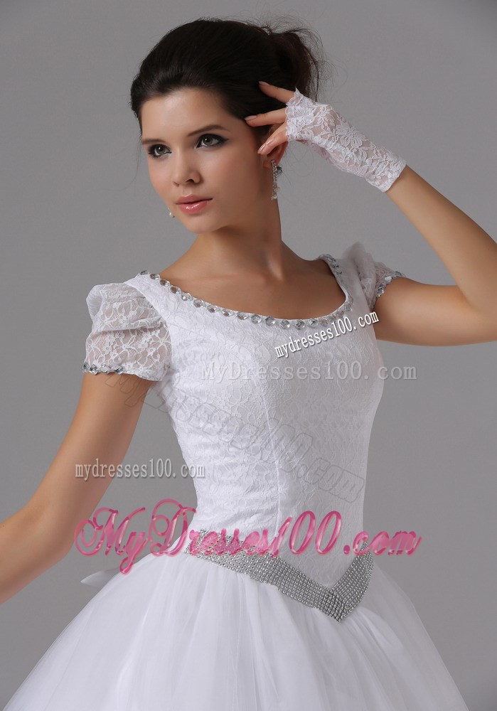 Jewelry Lace Short Sleeves Dress for Brides with Beaded Sash and Bowknot Back