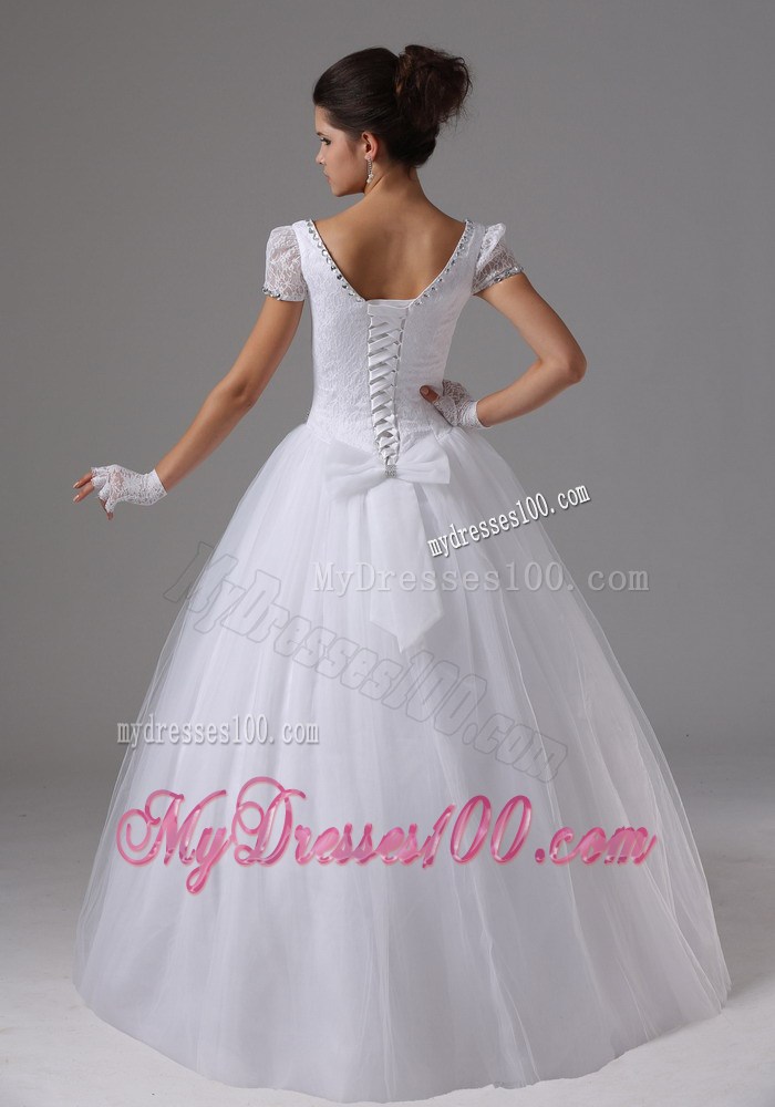 Jewelry Lace Short Sleeves Dress for Brides with Beaded Sash and Bowknot Back