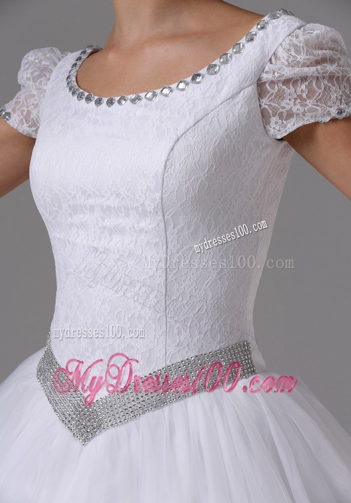 Jewelry Lace Short Sleeves Dress for Brides with Beaded Sash and Bowknot Back