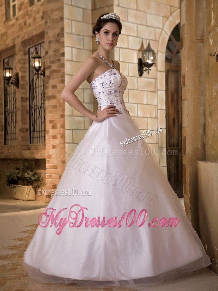 Purple Beaded Appliques Decorated Full Length Dress for Brides in White