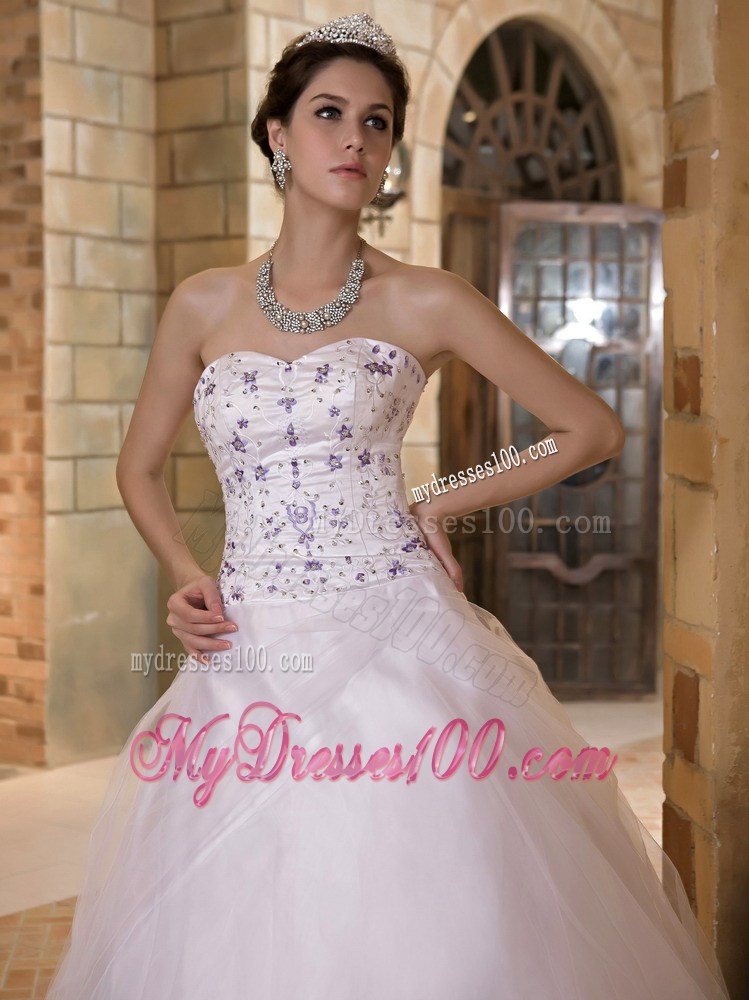 Purple Beaded Appliques Decorated Full Length Dress for Brides in White