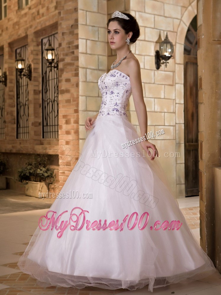 Purple Beaded Appliques Decorated Full Length Dress for Brides in White
