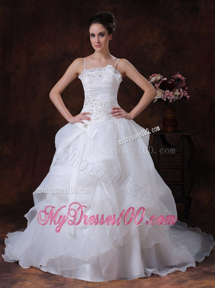 Appliqued A-line Court Train Wedding Gown with Pick-ups and Straps