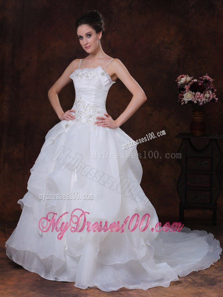 Appliqued A-line Court Train Wedding Gown with Pick-ups and Straps