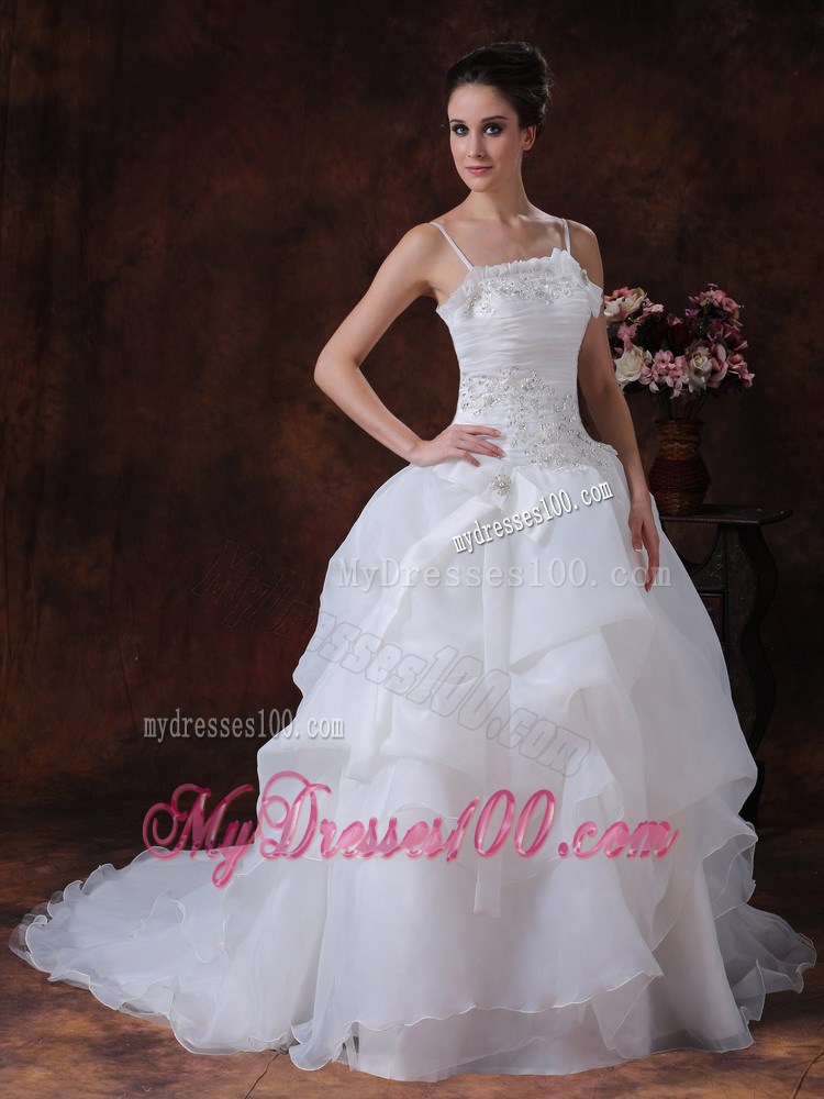Appliqued A-line Court Train Wedding Gown with Pick-ups and Straps