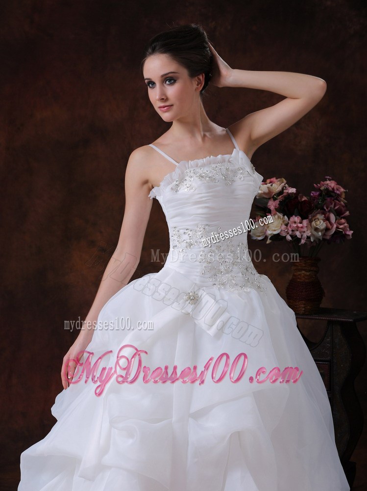 Appliqued A-line Court Train Wedding Gown with Pick-ups and Straps