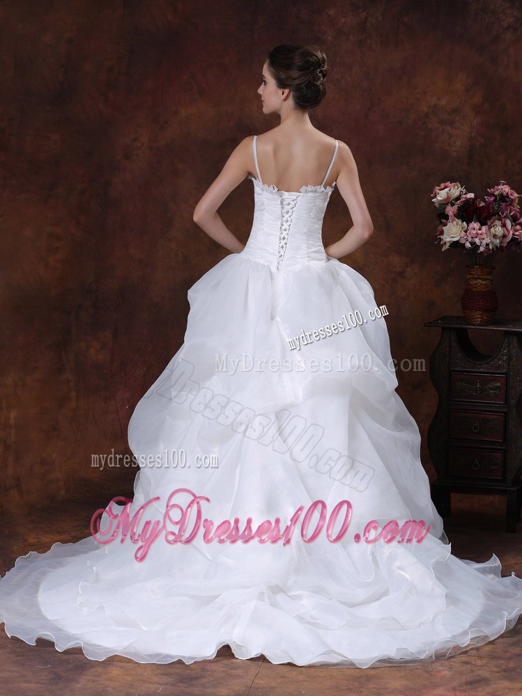 Appliqued A-line Court Train Wedding Gown with Pick-ups and Straps