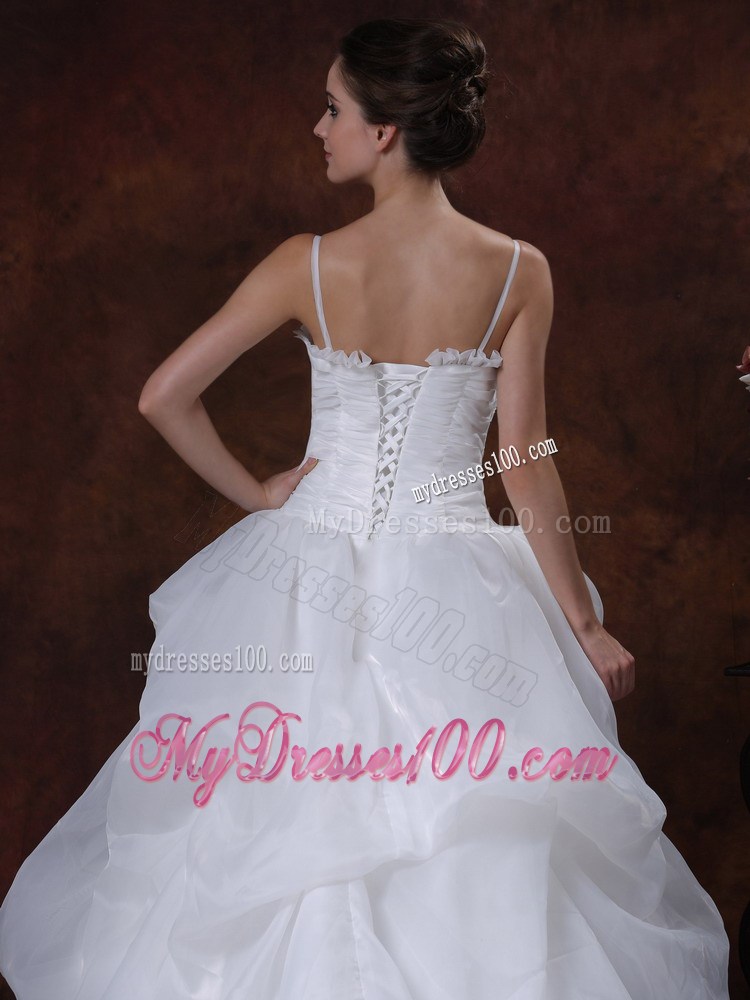 Appliqued A-line Court Train Wedding Gown with Pick-ups and Straps