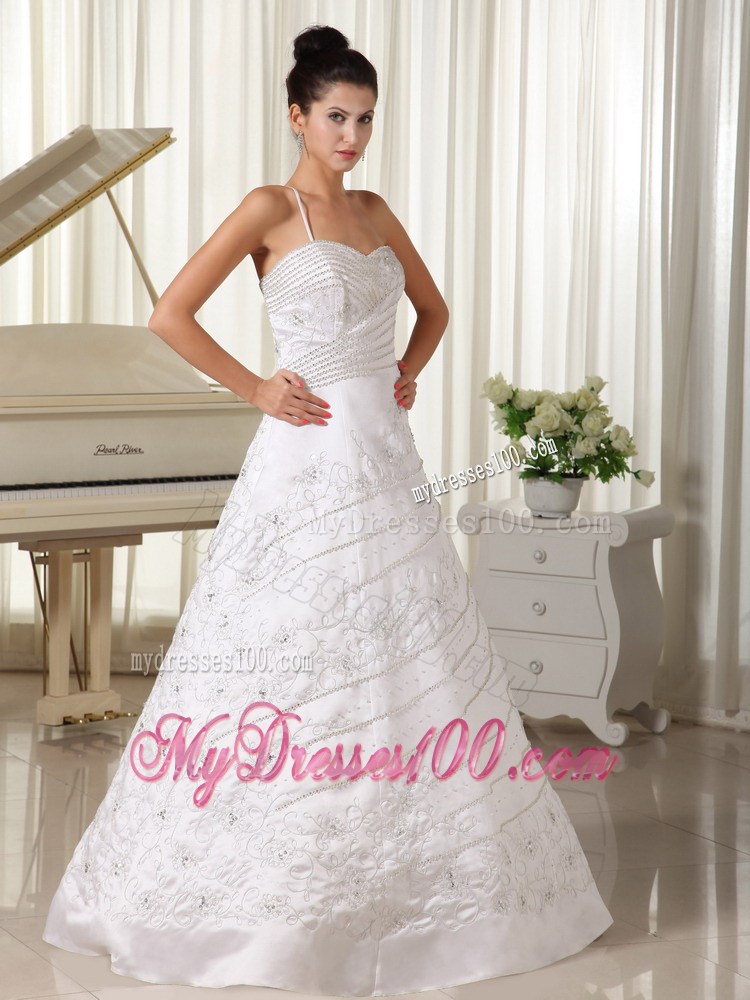 One Shoulder Beaded and Embroidery A-line White Wedding Gown
