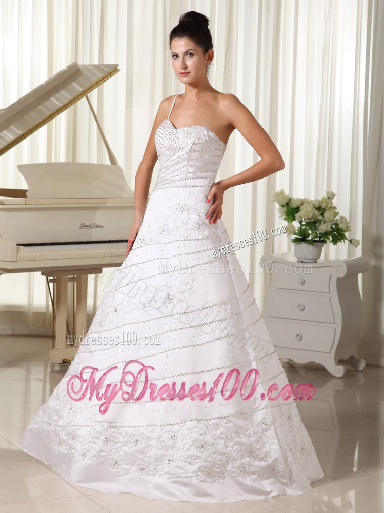 One Shoulder Beaded and Embroidery A-line White Wedding Gown