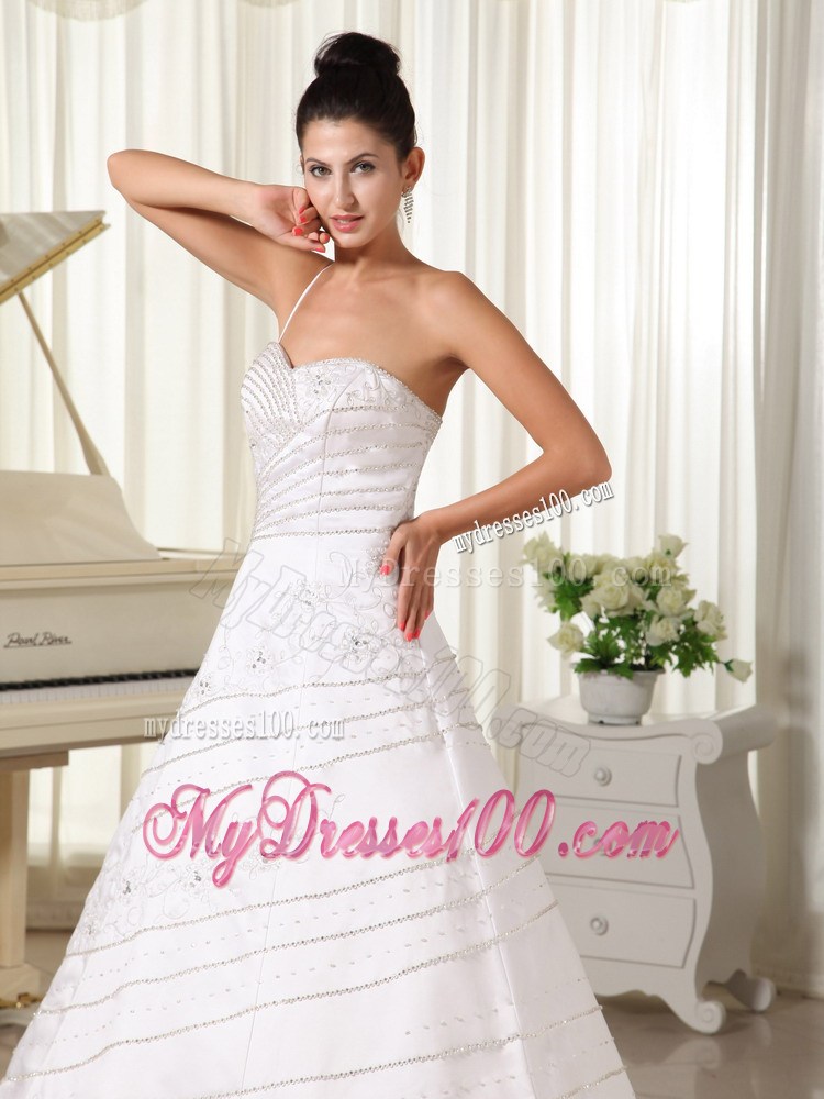 One Shoulder Beaded and Embroidery A-line White Wedding Gown