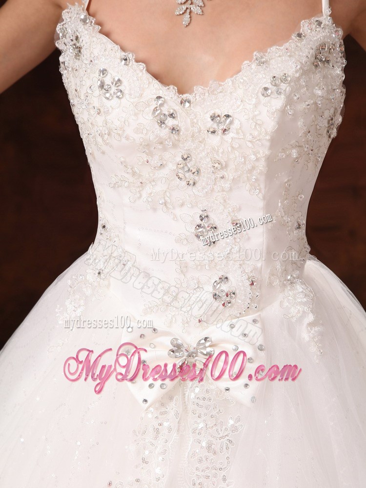 Halter Top Bridal Gown with Diamonds Bowknot and Lace Hemline