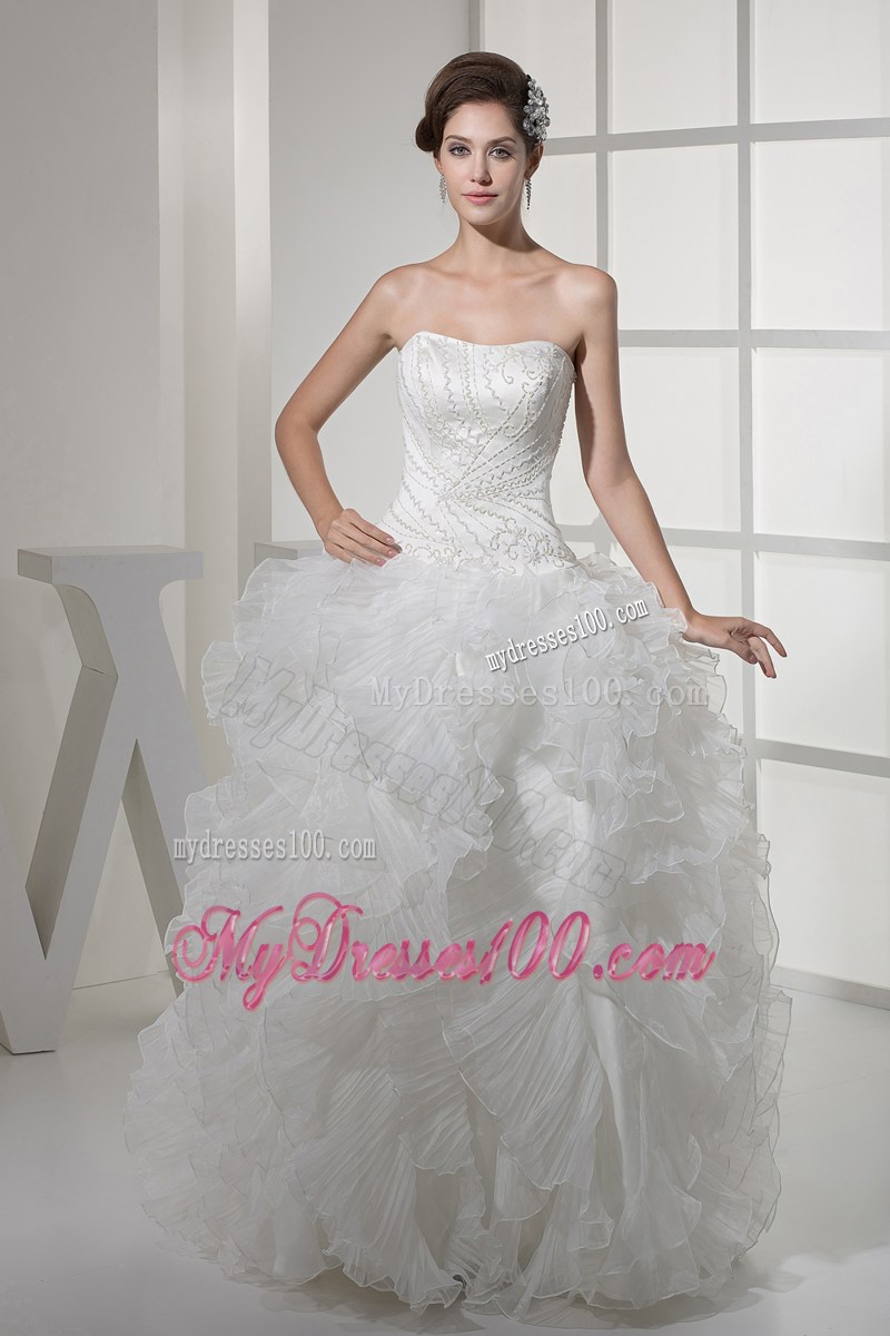 Embroideries and Diamonds Decorated Puffy Bridal Dresses with Ruffled Layers