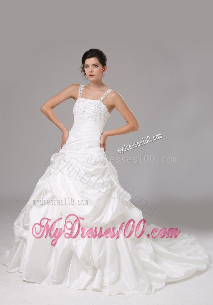 Straps Princess Brush Wedding Dress with Embroidery and Pick-ups