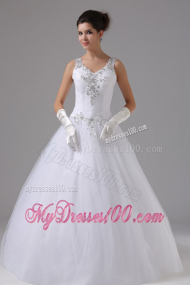 Appliques and Beadings Decorated Straps Dress for Brides with Puffy Skirt