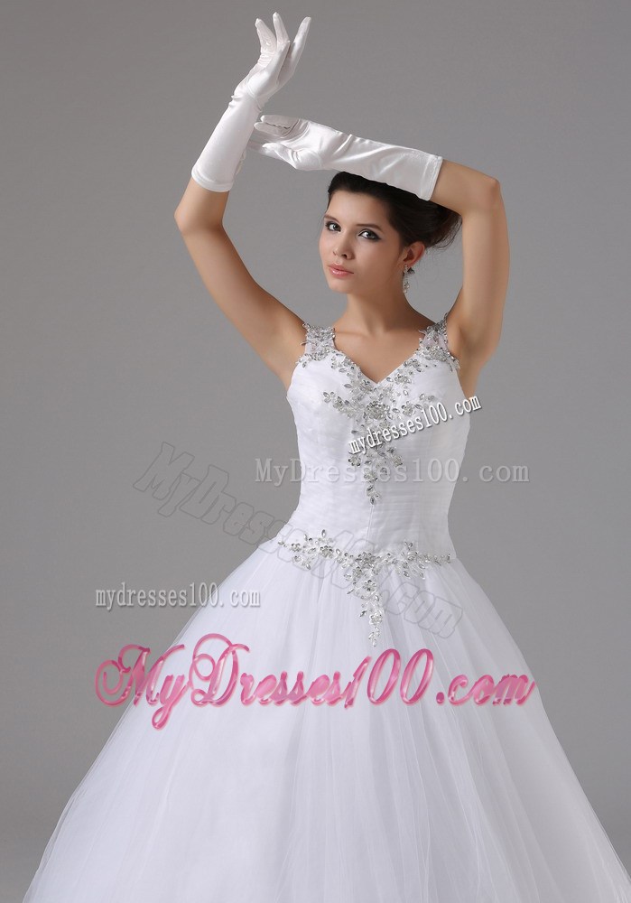 Appliques and Beadings Decorated Straps Dress for Brides with Puffy Skirt